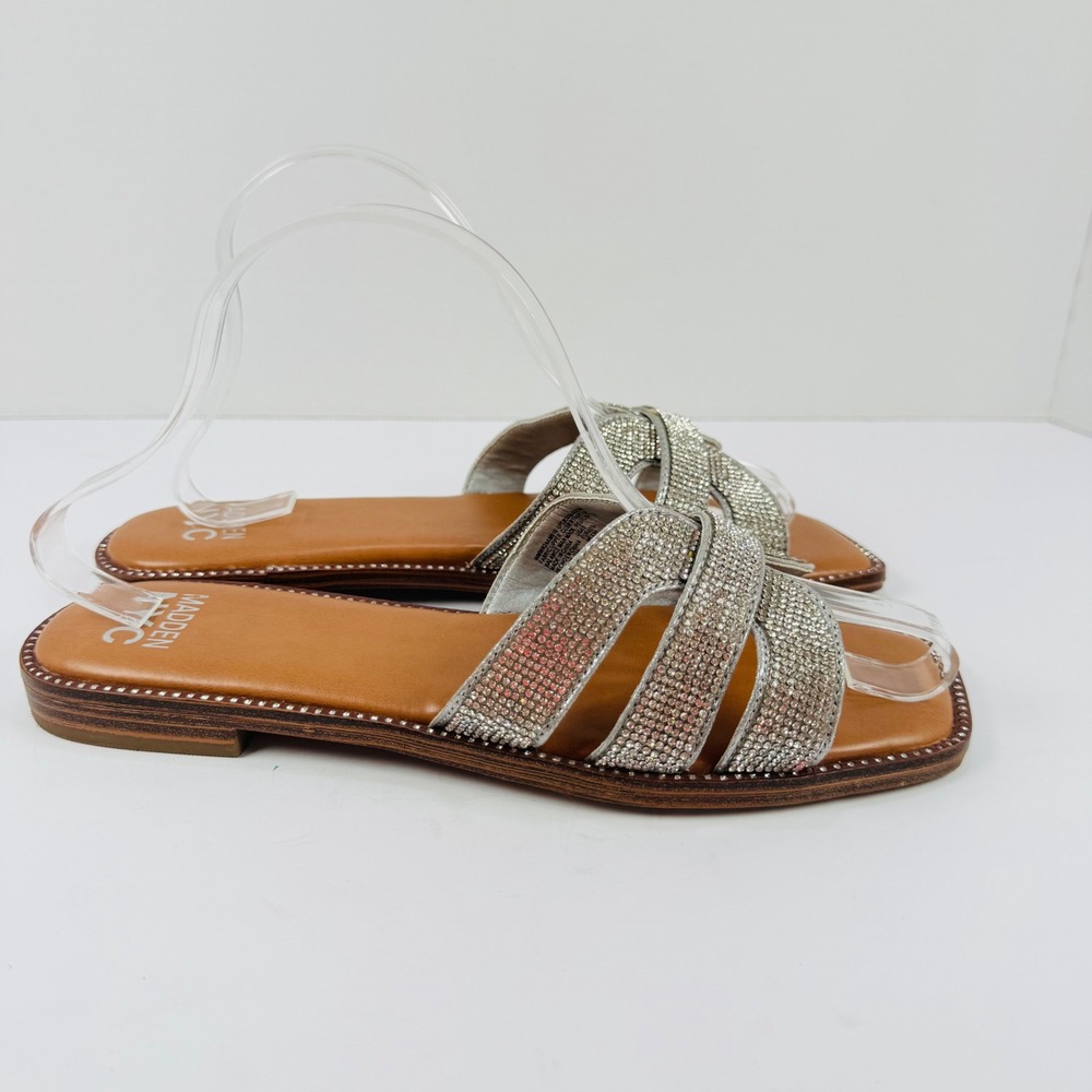 Madden NYC Womens Silver Rhinestone Slide Sandals Square Toe Flat Shoes Size 9 - Picture 3 of 8